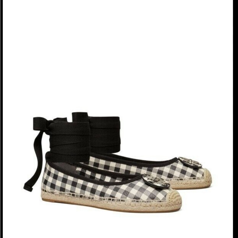 Tory Burch Minnie Ballet espadrilles with removable laces. Black & Ivory Leather